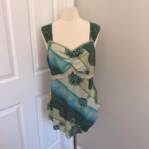 Y2K GREEN AND BLUE FASHION BUG PAISLEY PRINT ASYMMETRICAL TANK TOP